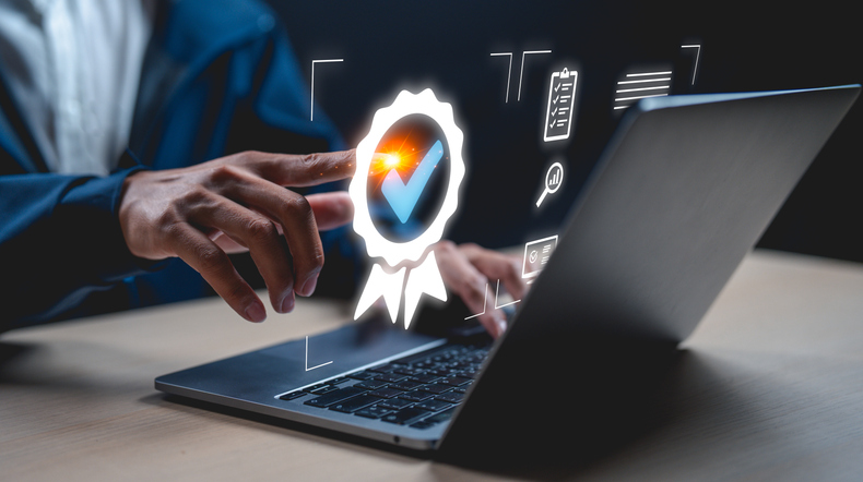 businessman Take an assessment for certificate, questionnaire, evaluation, online survey exam Choosing the right answer in the exam, filling out an online survey form. Answer the test questions.